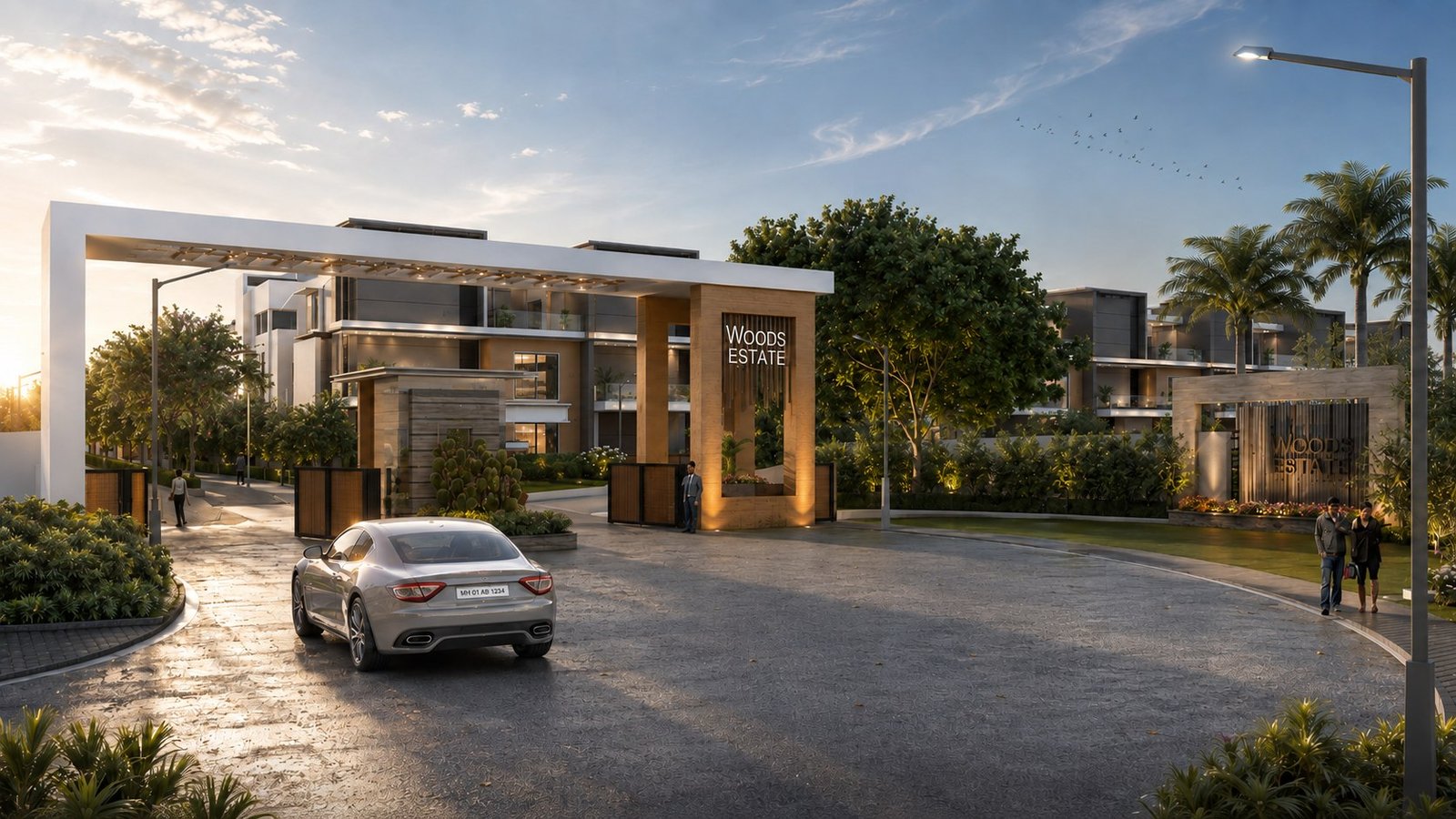 The Woods Estate gateway at golden hour, a car turning in past the signage