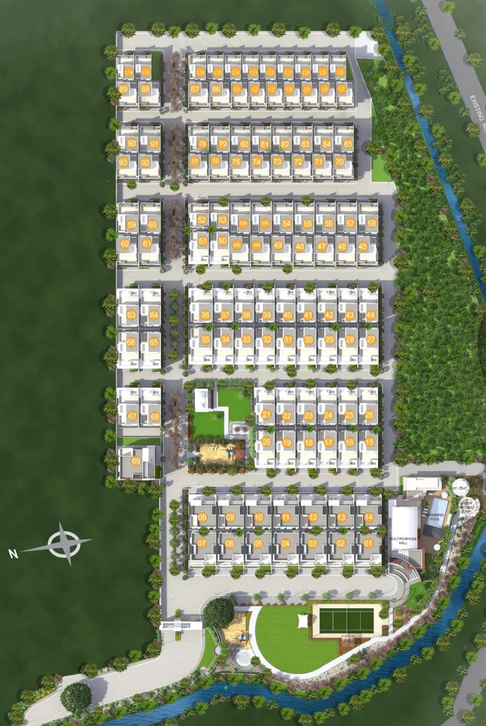Woods Estate site layout with every bungalow plot numbered, the club house, tennis court and lawn at the entrance, and the stream along the east edge