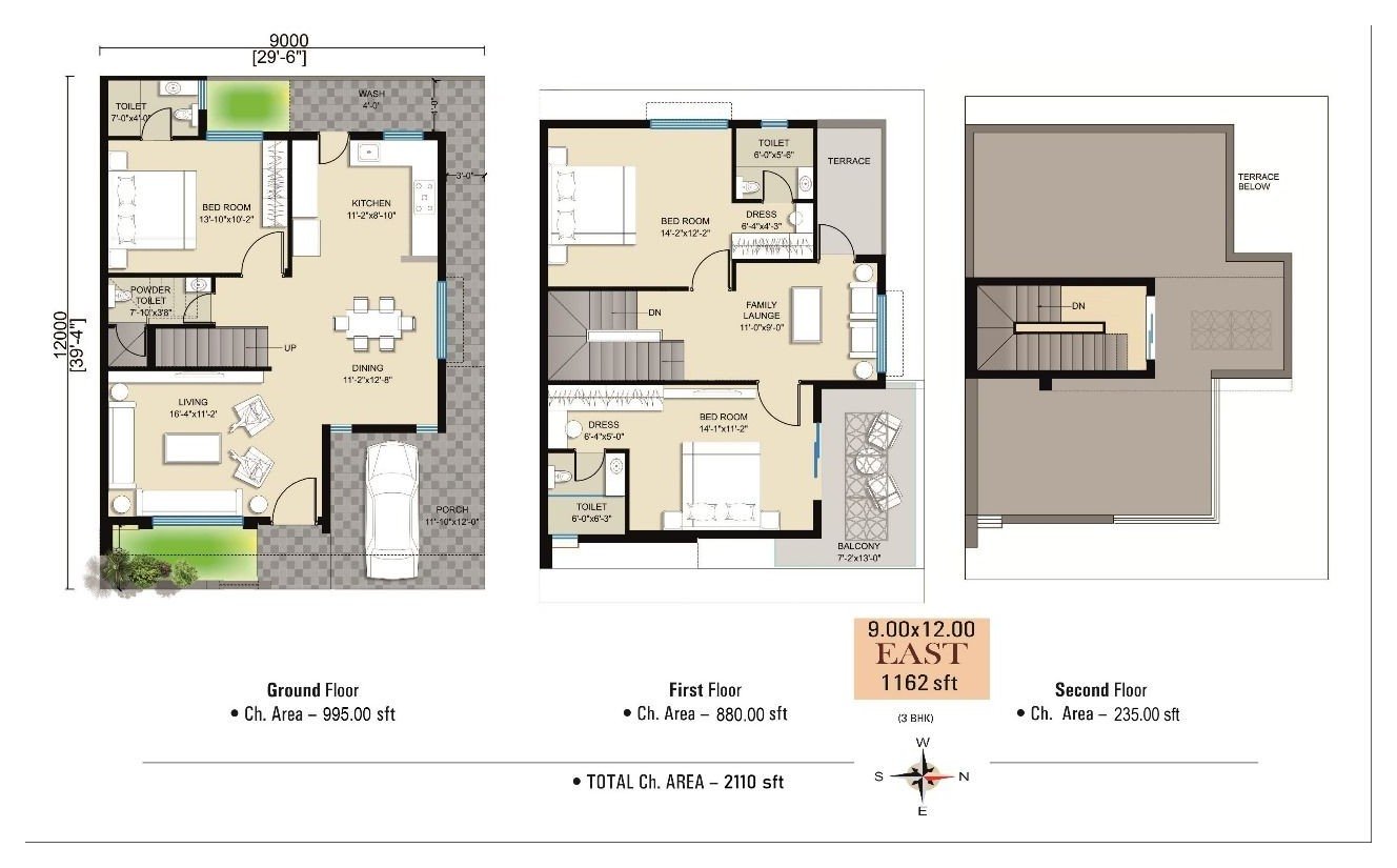3 BHK Bungalow floor plan, east facing, 1162 sq ft plot