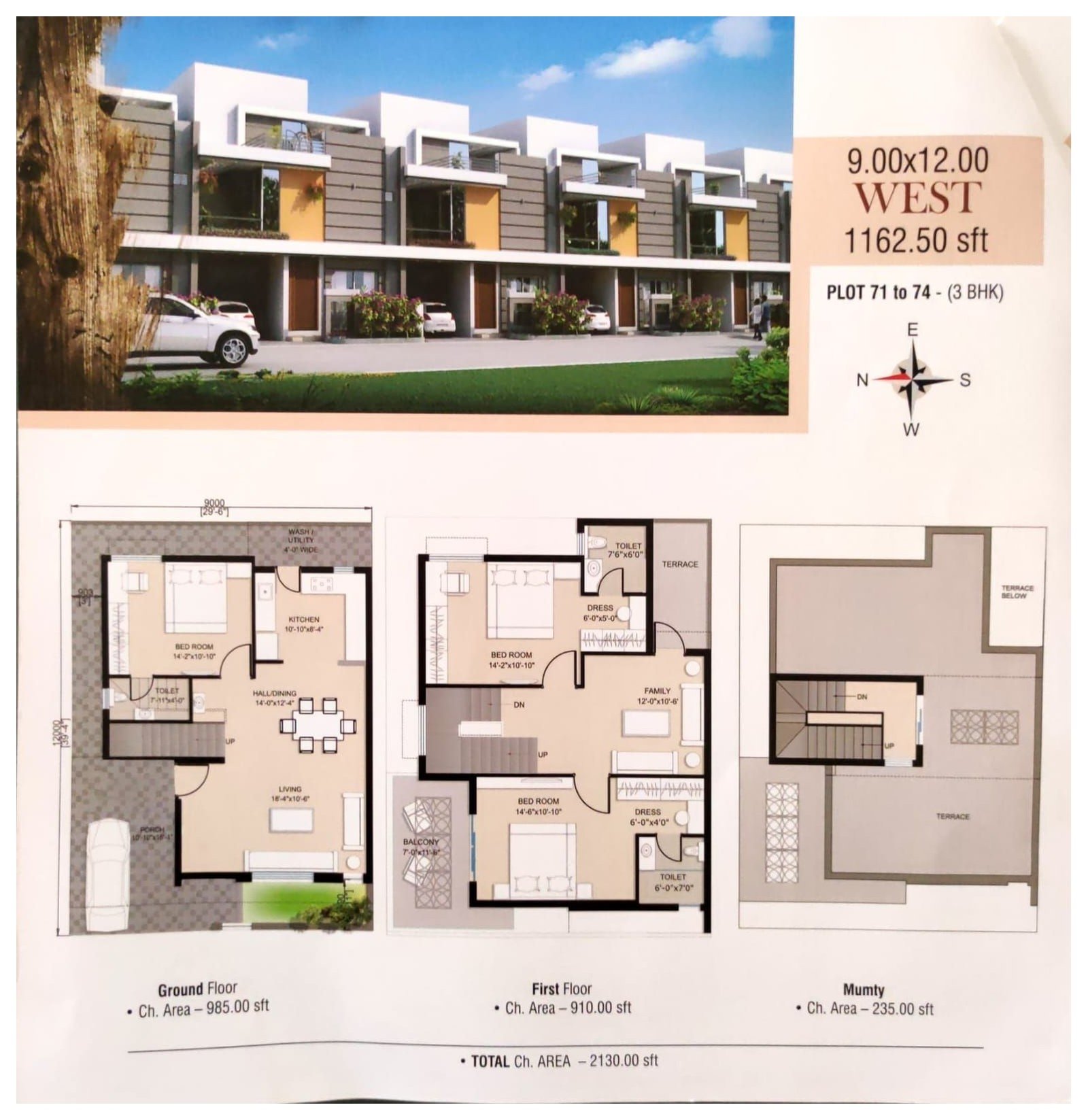 3 BHK Bungalow floor plan, west facing, 1162 sq ft plot