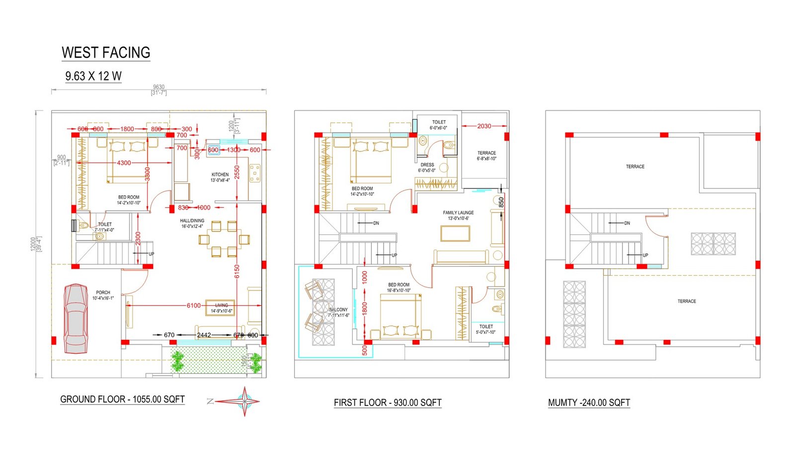 3 BHK Bungalow floor plan, west facing corner plot, 1244 sq ft plot