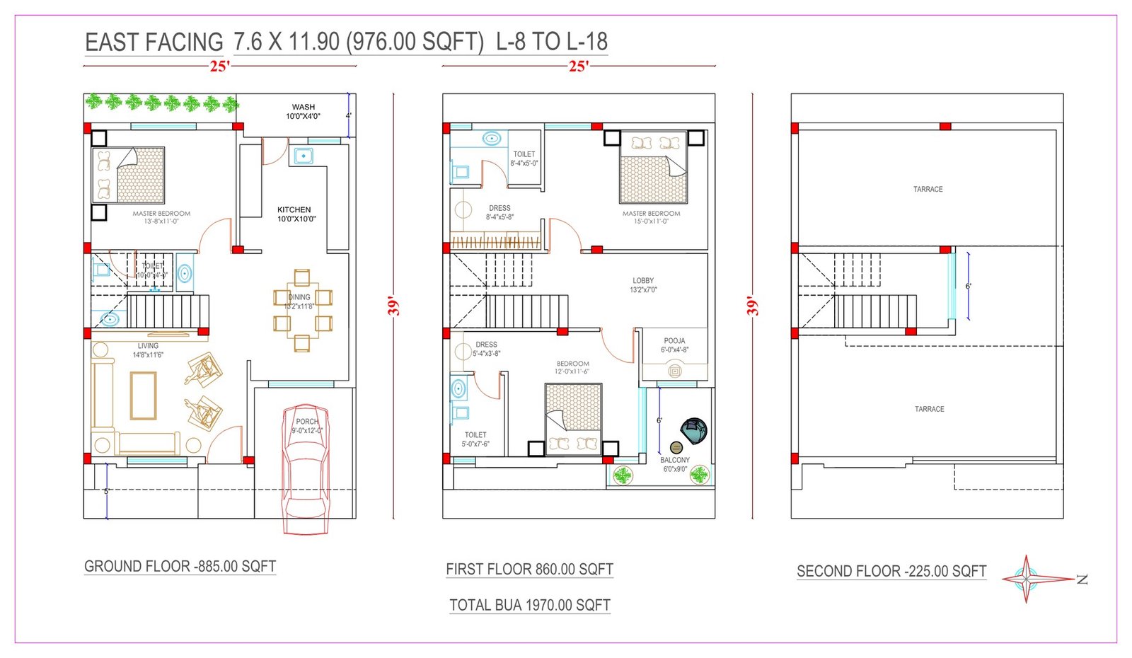 3 BHK Row House floor plan, east facing, 976 sq ft plot