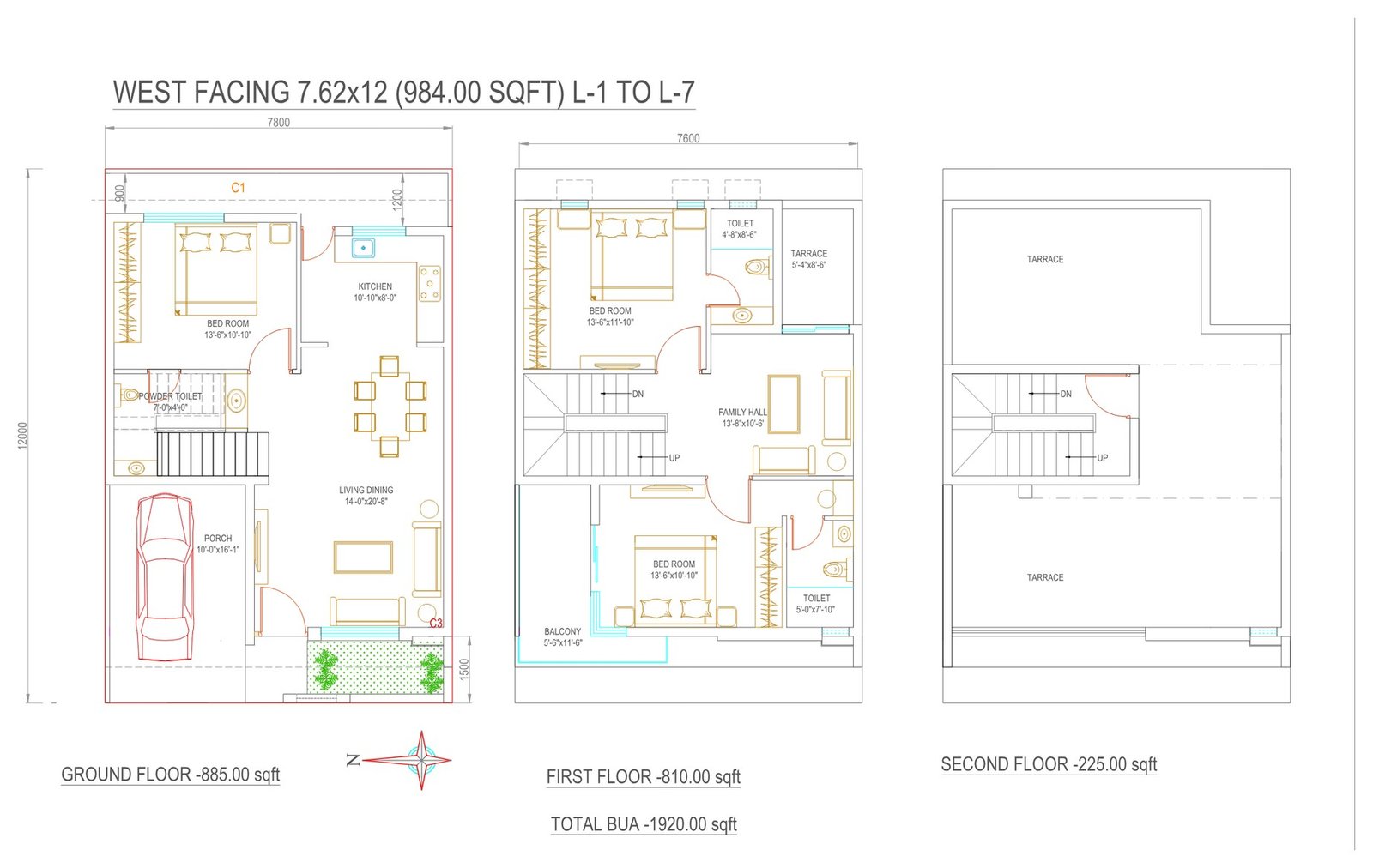 3 BHK Row House floor plan, west facing, 984 sq ft plot