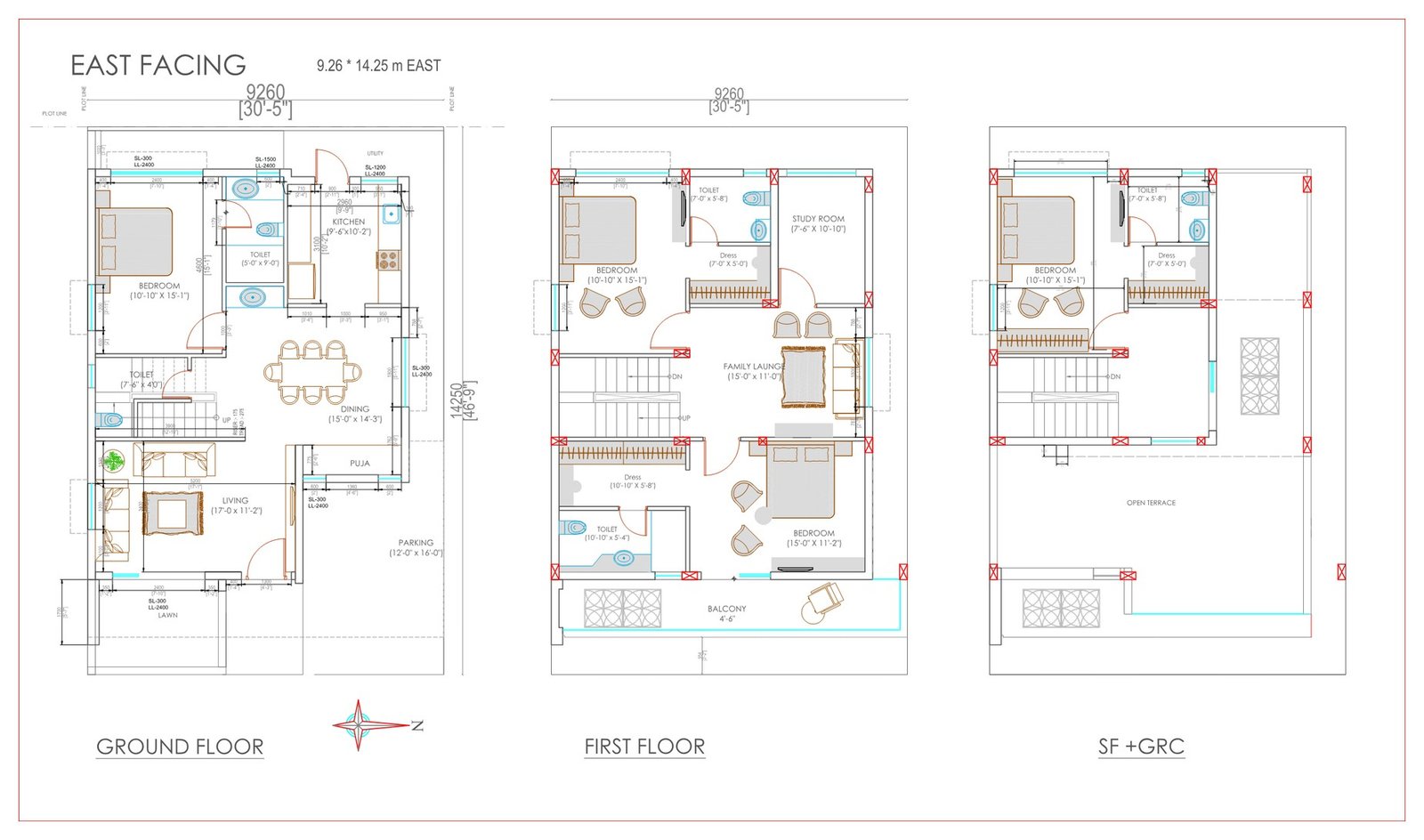 4.5 BHK Bungalow floor plan, east facing, 1420 sq ft plot