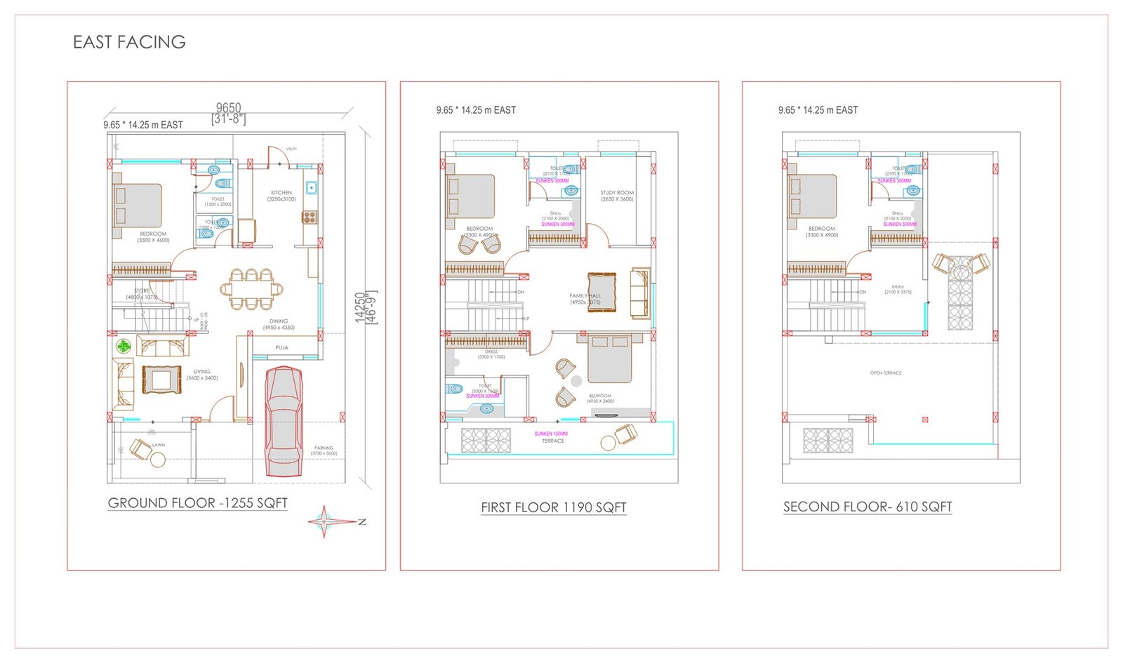 4.5 BHK Bungalow floor plan, east facing corner plot, 1480 sq ft plot