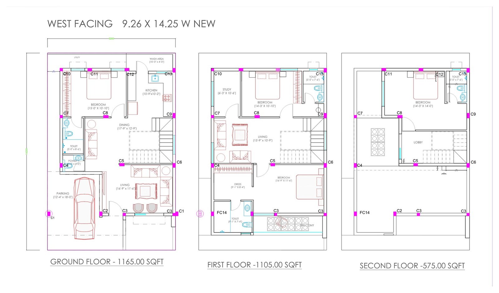 4.5 BHK Bungalow floor plan, west facing, 1420 sq ft plot