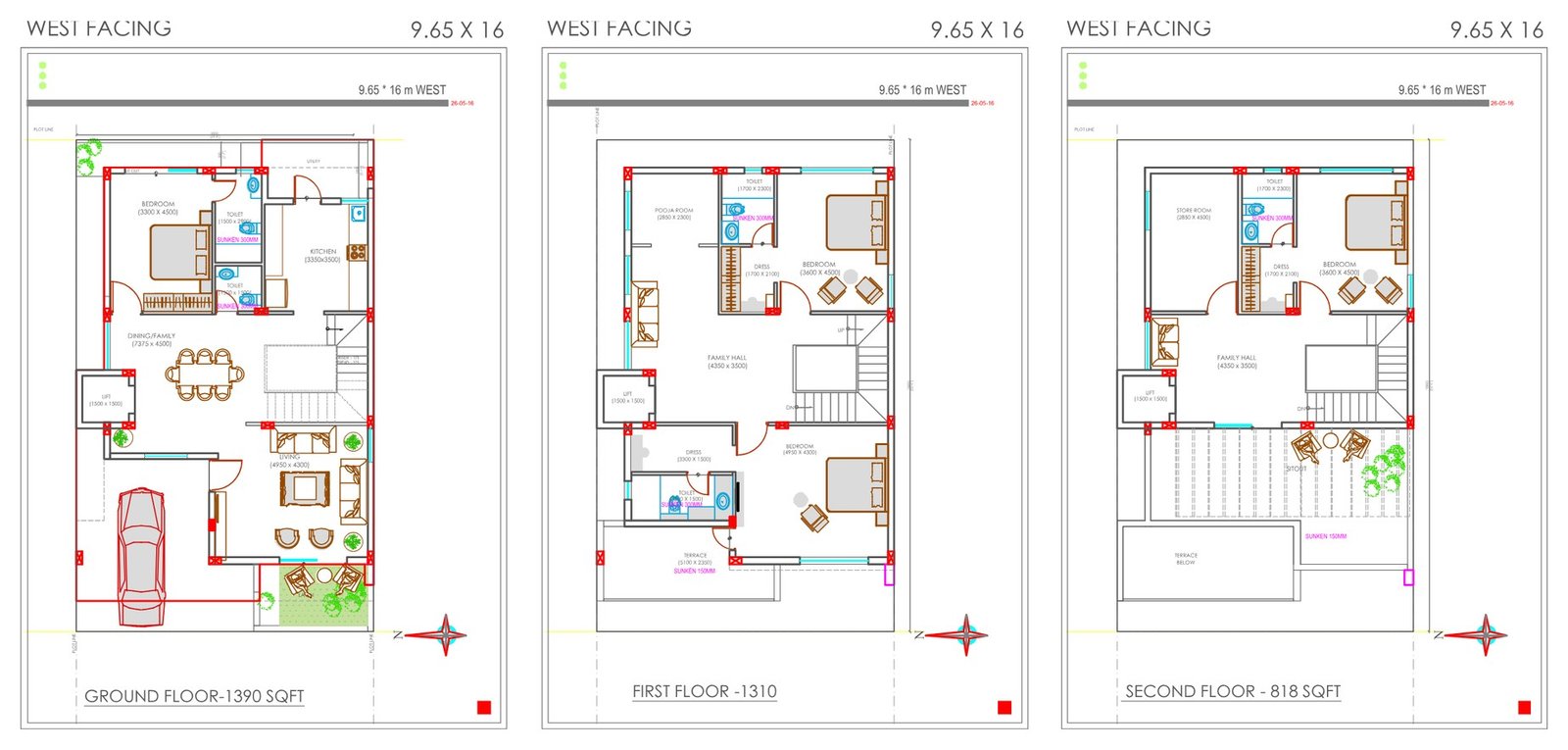 4.5 BHK Bungalow floor plan, west facing corner plot, 1660 sq ft plot